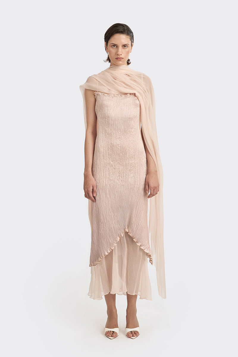 Light pink twisted pleat midi dress by Stolen Stores, featuring hand-pleated fabric and elegant midi length.
