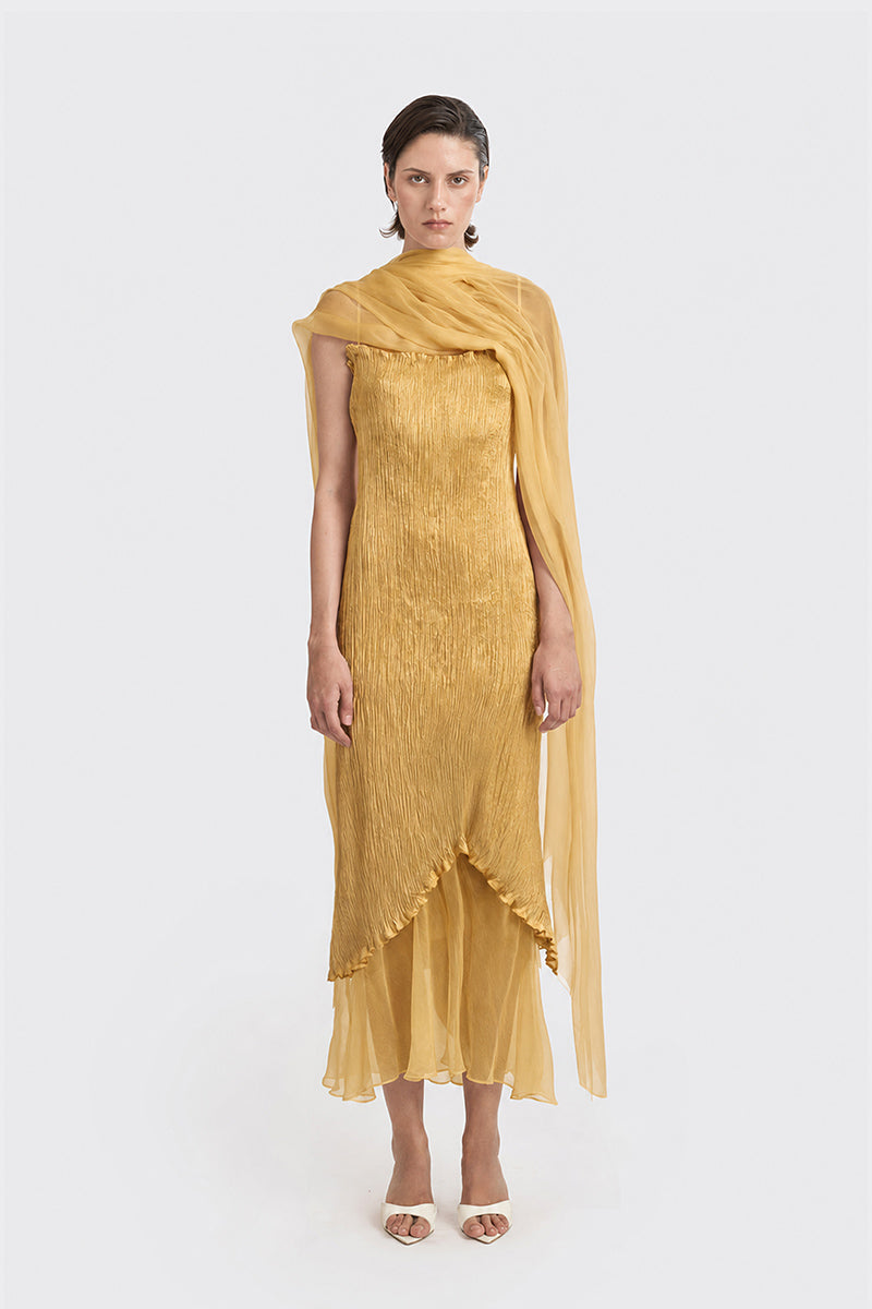 Gold hand-pleated midi dress by Stolen Stores from the CULT MIA X Stolen Stores collection, displayed on a model.