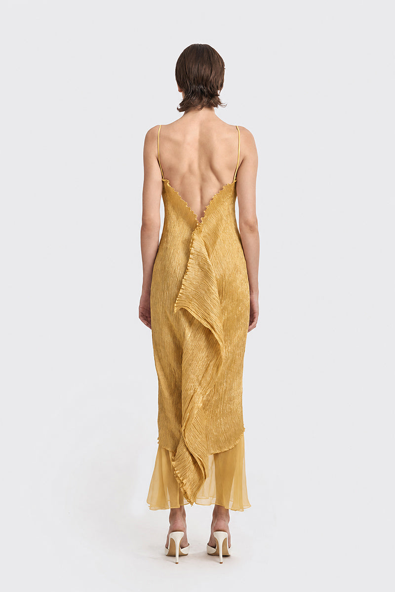 Gold hand-pleated midi dress by Stolen Stores from the CULT MIA X Stolen Stores collection, displayed on a mannequin.