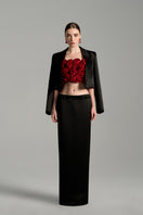 Handmade rolled rose bralette with a cropped open front blazer from I.H.F Studio, showcasing stylish outerwear and floral details.