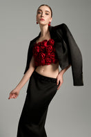 Handmade rolled rose bralette by I.H.F Studio, displayed with a cropped open front blazer, showcasing stylish layered fashion.