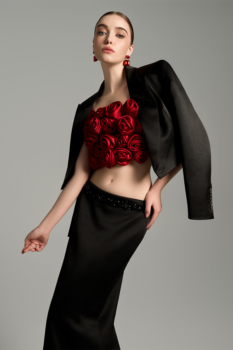 Handmade rolled rose bralette by I.H.F Studio, displayed with a cropped open front blazer, showcasing stylish layered fashion.