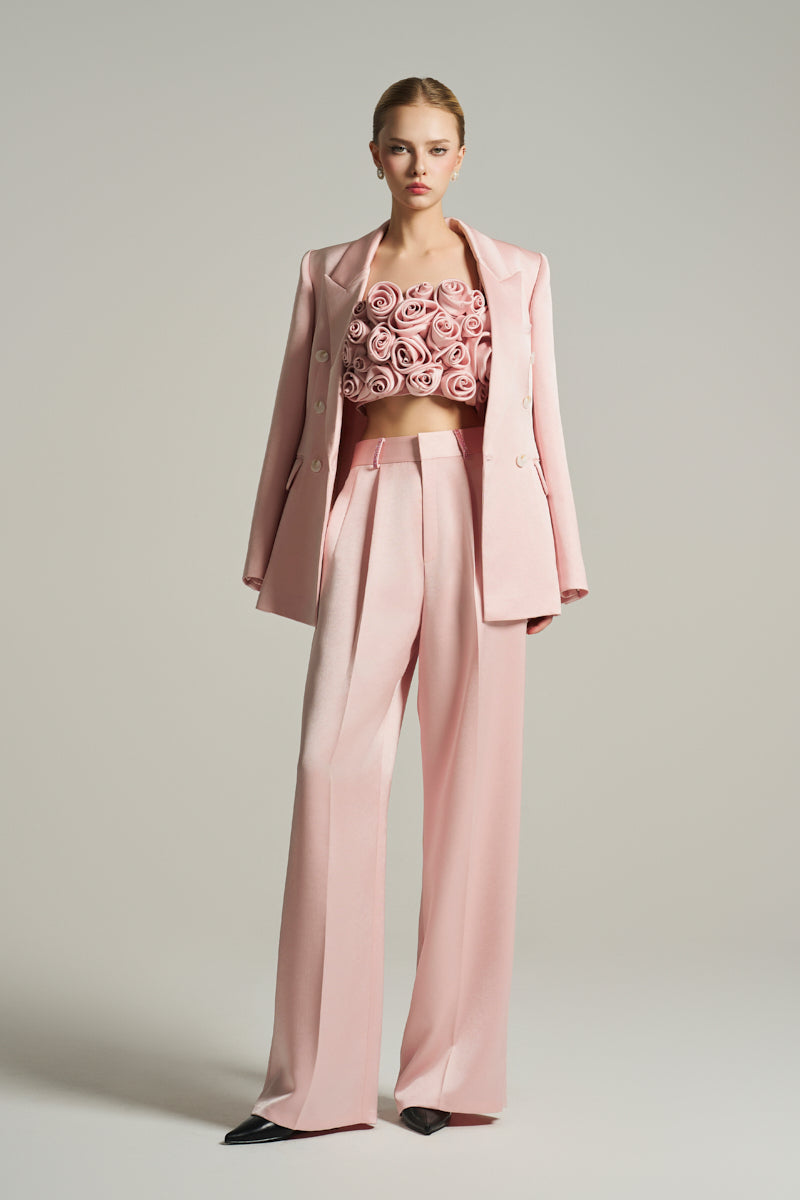 Light pink double-breasted blazer from I.H.F Studio, tailored fit with classic lapels, shown on a mannequin.