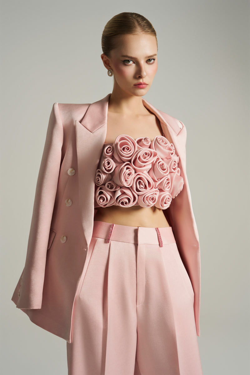 Light pink double-breasted blazer from I.H.F Studio, tailored with hand-rolled rose detailing on the fabric.