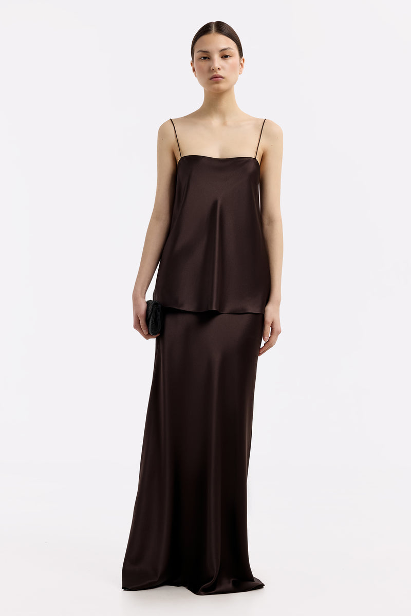 Serenity Hanna Espresso silk-satin camisole top with straight-neck design, elegant and smooth fabric for stylish wear.