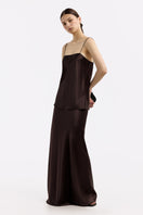 Serenity Hanna Espresso silk-satin camisole top with straight-neck design, featuring smooth, shiny fabric and sleek fit.