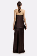 Serenity Hanna Espresso silk-satin cami top with straight neck, shown from the back, featuring smooth, shiny fabric and sleek design.