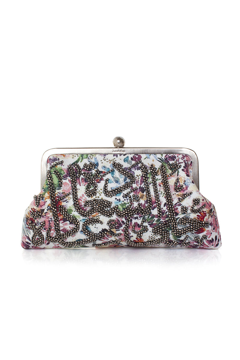 Multicolor Happiness Crystals clutch bag with wildflower design by Sarah's Bag, featuring intricate beadwork and vibrant floral details.