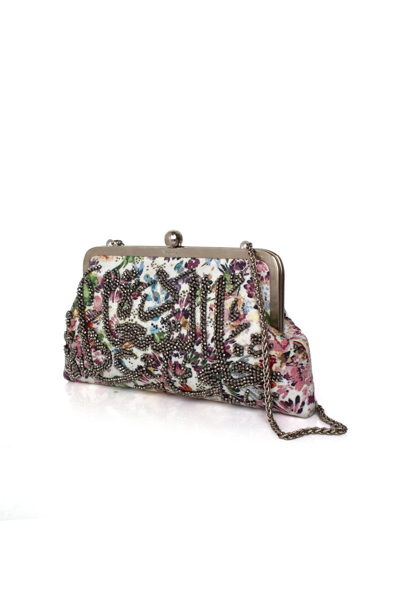Multicolor happiness crystals embellish Sarah's Bag Wildflower Classic clutch, showcasing intricate beadwork on a stylish accessory.