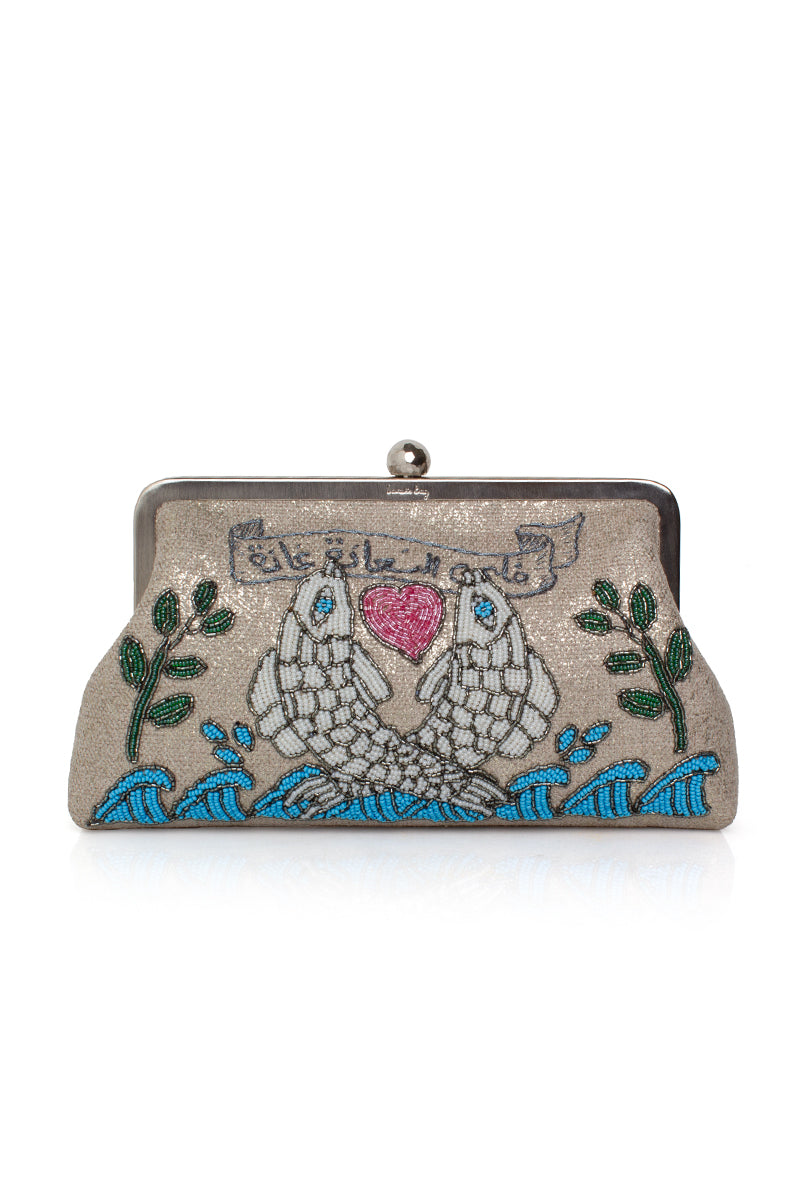 Multicolor Happiness Fish Classic clutch bag by Sarah's Bag featuring vibrant fish design and textured fabric.