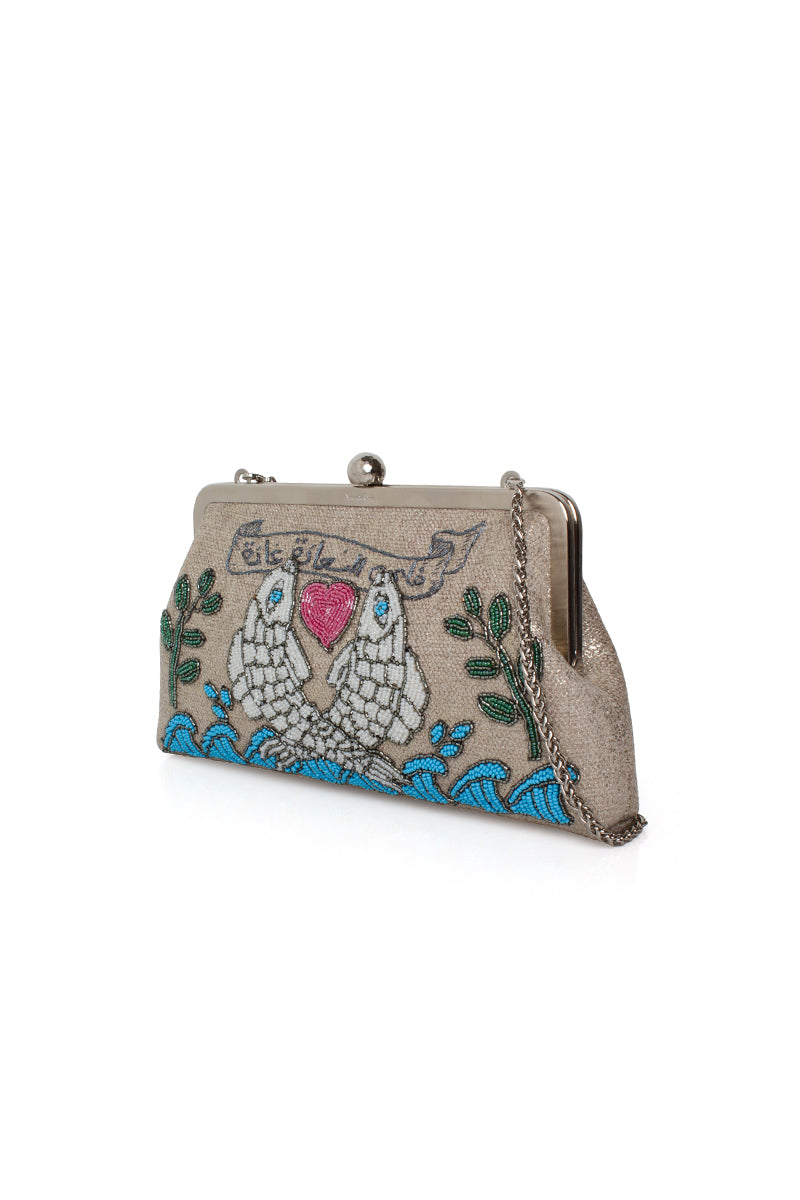 Multicolor Happiness Fish Classic clutch bag by Sarah's Bag featuring vibrant fish design and elegant craftsmanship.