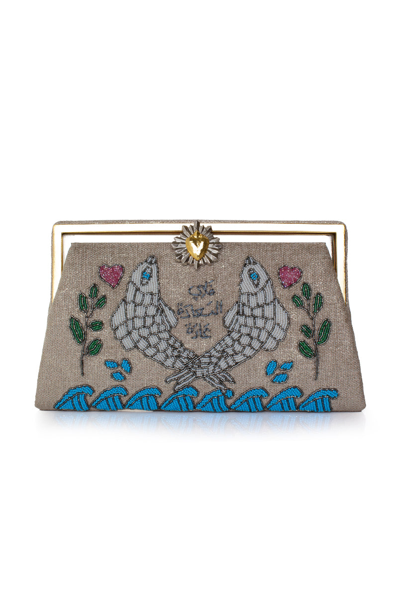 Multicolor Happiness Fish Grace clutch by Sarah's Bag featuring vibrant fish design and elegant style.