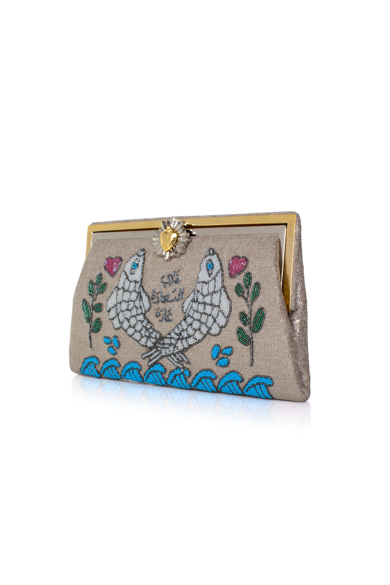 Multicolor Happiness Fish Grace clutch by Sarah's Bag featuring vibrant fish design and intricate embroidery.