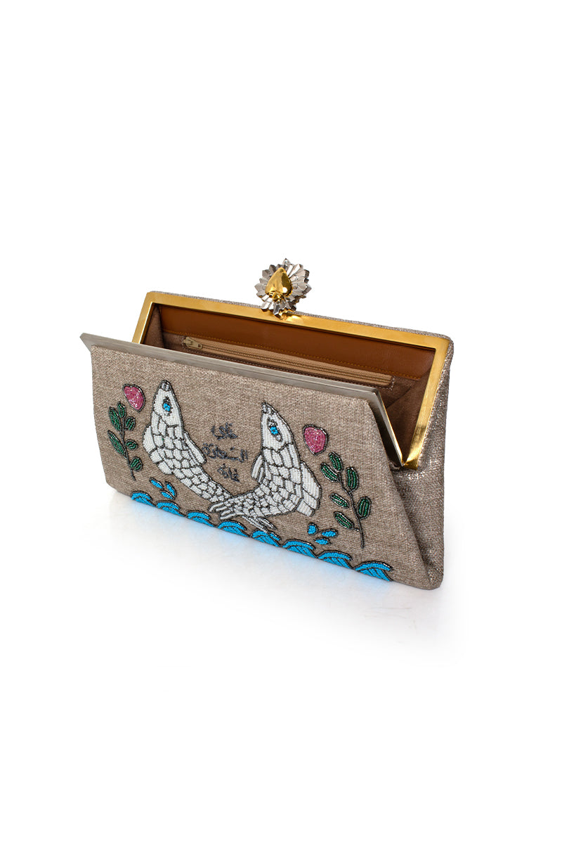 Multicolor Happiness Fish Grace clutch by Sarah's Bag featuring vibrant fish design and elegant craftsmanship.