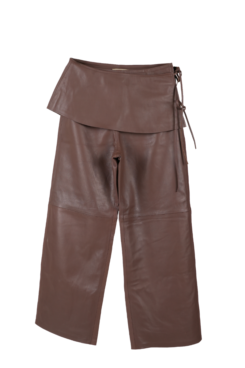 Double A Harlow leather pants in brown, slim-fit style with detailed stitching, displayed on a hanger.
