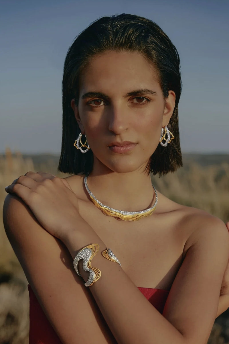 Jude Benhalim Harmonia cuff bracelet featuring intricate metal design, worn on wrist for elegant accessory styling.