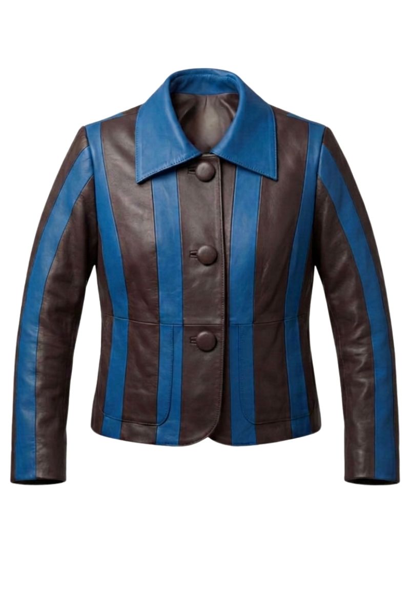 Double A Harper striped leather jacket in blue and brown, stylish men's jacket with a classic design and quality leather finish.