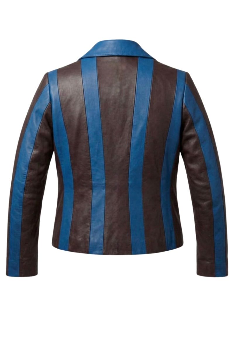 Double A CULT MIA X Harper leather jacket in blue and brown with striped design, displayed on a hanger.