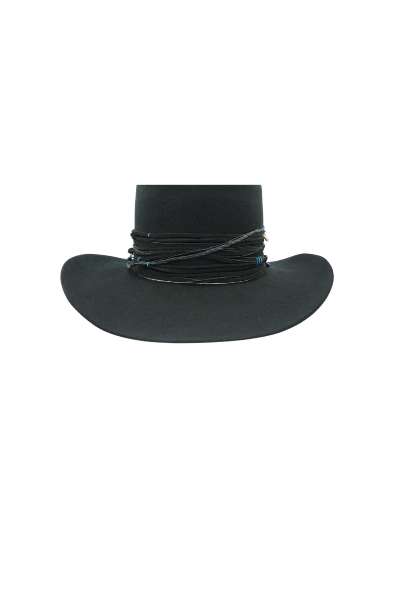Modern Monarchie Harper hat in onyx, stylish wide-brim hat made of soft material with a decorative band, front view.