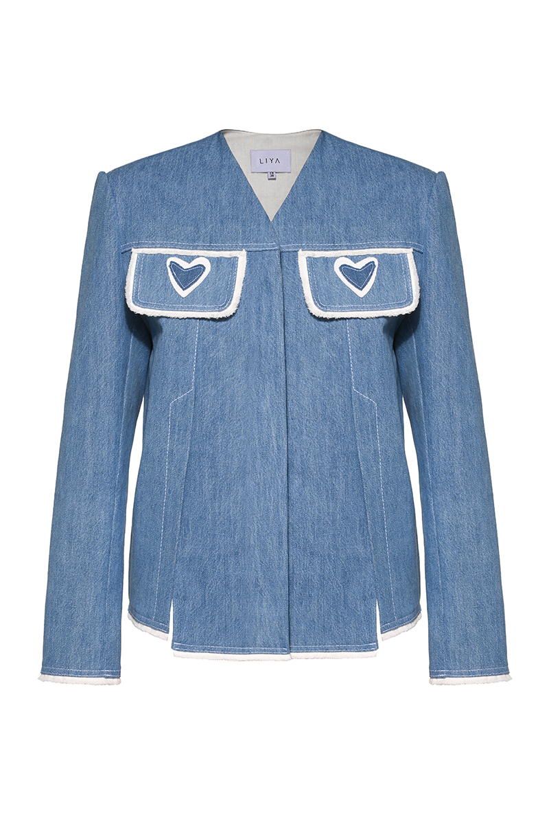 Blue Liya Heart Pocket Jacket featuring a stylish heart-shaped pocket design on the front.
