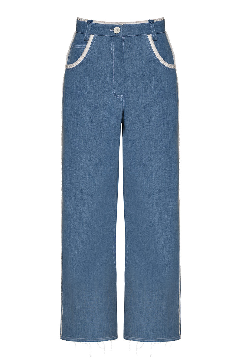 Blue Liya Heart Pocket Jeans featuring stylish front pockets and a modern fit, perfect for casual wear.