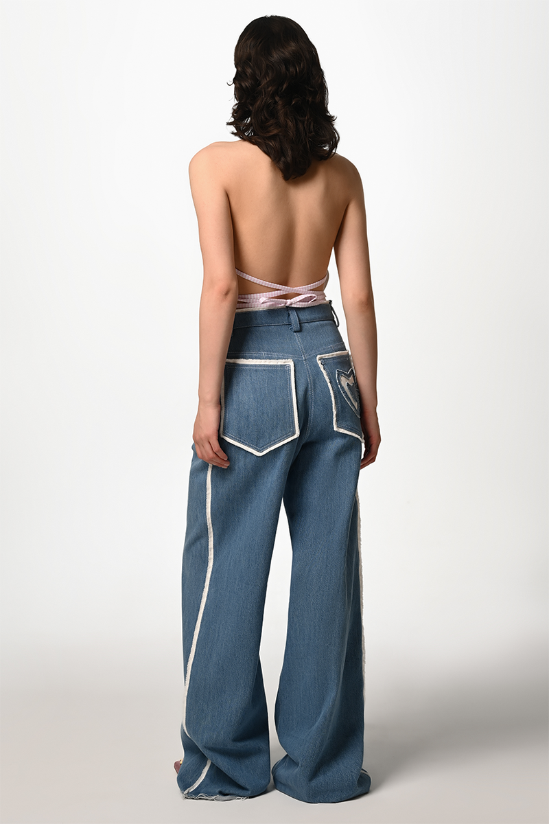 Blue Liya Heart Pocket Jeans featuring stylish front and back pockets, perfect for casual wear and everyday comfort.