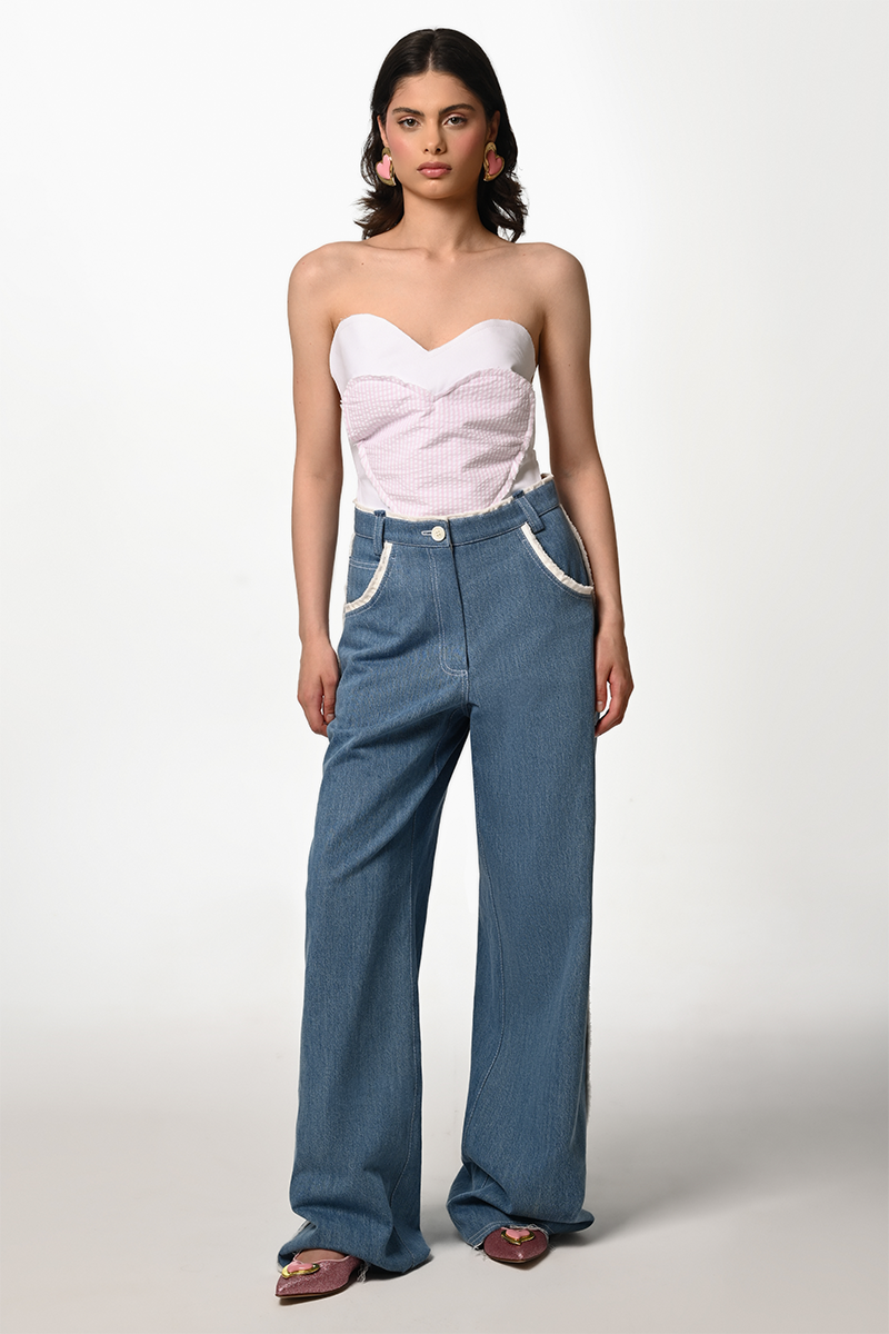 Blue Liya Heart Pocket Jeans featuring stylish heart-shaped pockets and a classic denim fit.