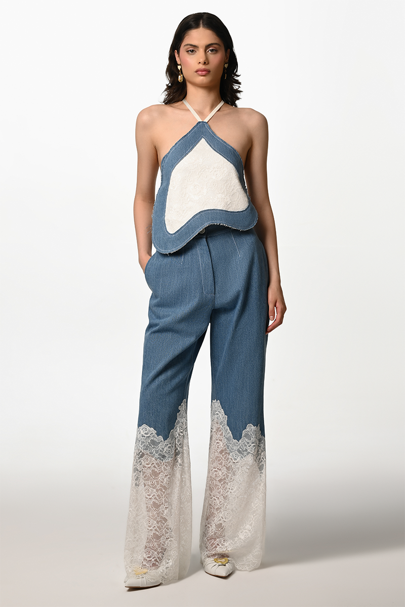 Liya Denim Bloom Trousers in blue jeans, featuring a relaxed fit and classic denim texture, displayed on a white background.