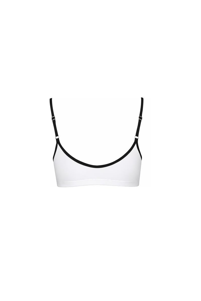 Verdelimon Heaven bikini top in white and black showing the back view with adjustable straps and supportive design.