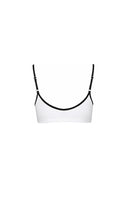 Verdelimon Heaven bikini top in white and black with adjustable straps, shown from the back on a model.