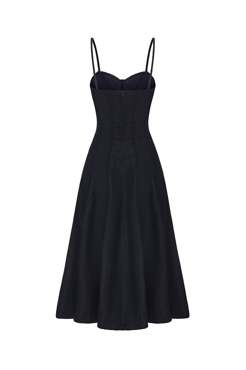 Nana Jacqueline Heidi blue midi dress with corset detail, back view showcasing elegant design and fitted waist for stylish wear.