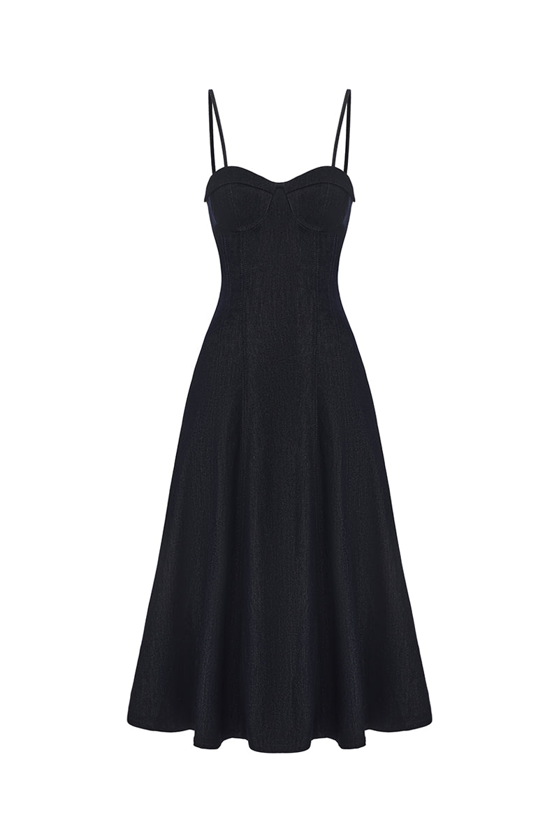Nana Jacqueline Heidi blue midi dress with fitted corset bodice and flowing skirt, front view.