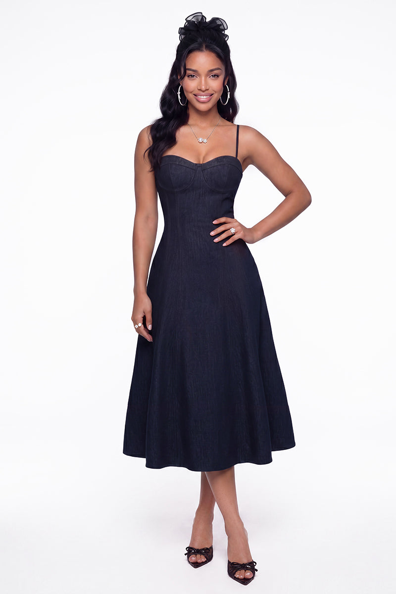 Nana Jacqueline Heidi corset midi dress in blue, featuring a fitted bodice and flowing skirt, perfect for elegant occasions.