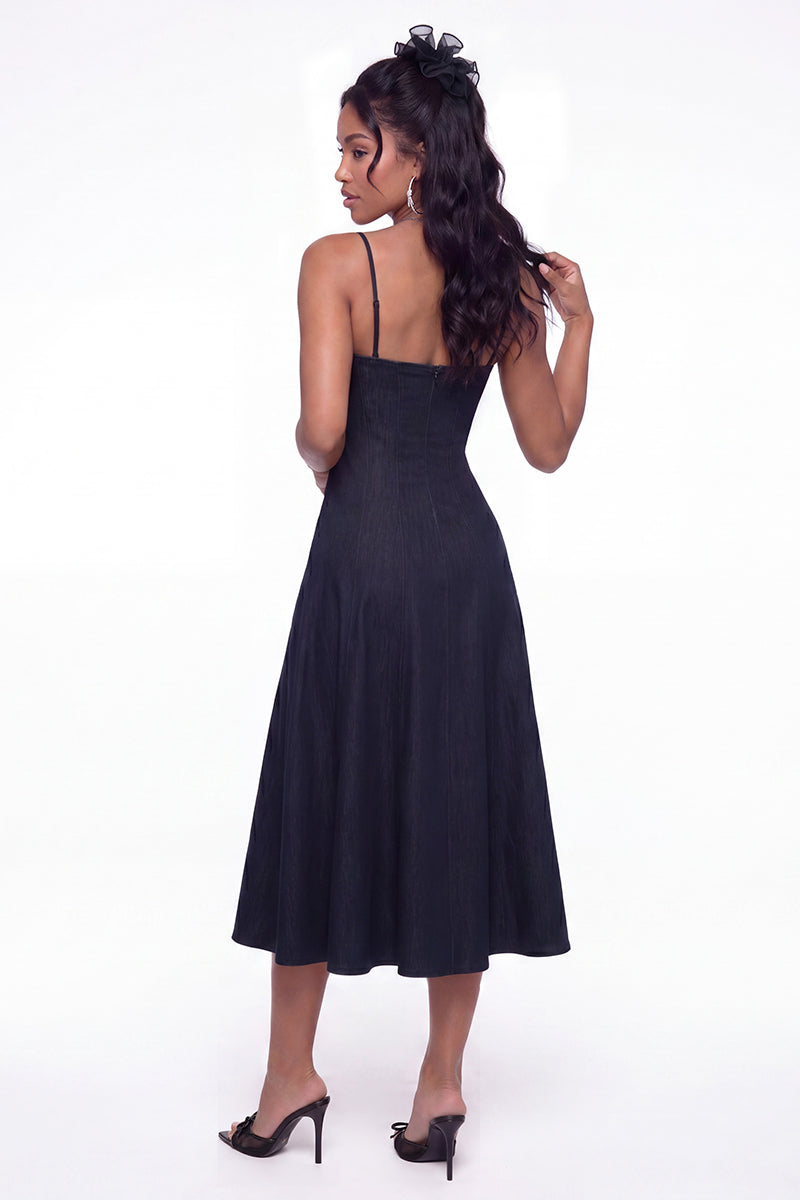 Nana Jacqueline Heidi Corset Dress in blue, midi length with fitted bodice and flowing skirt, styled for a fashionable look.