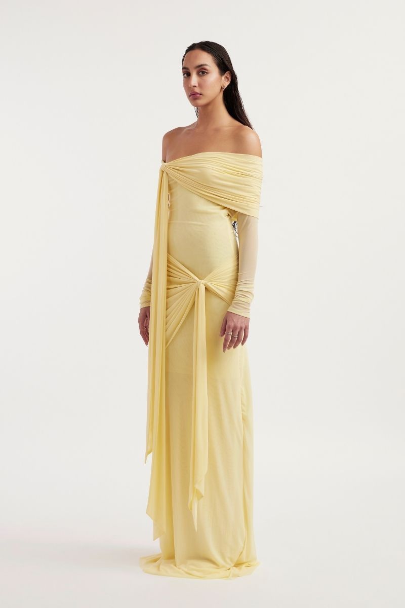 long sleeve butter yellow maxi dress Butter Yellow Butter Yellow Chiffon Boat Neck Long Sleeve Maxi Dress
