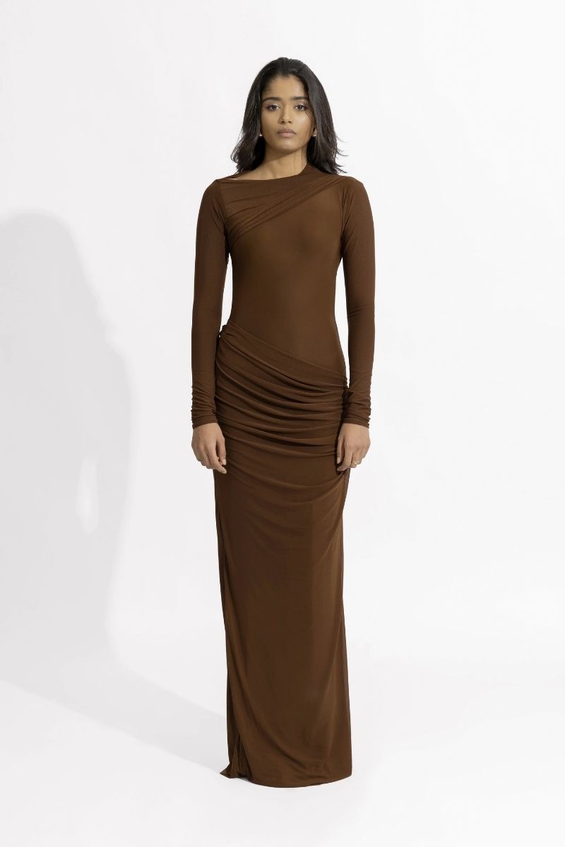 chocolate brown maxi dress with sleeves PrettyLittleThing Women's Slinky Contrast Panel Long Sleeve Maxi Dress in Chocolate
