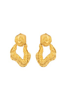 Gold Hera earrings by Jude Benhalim featuring elegant, shiny gold hoops with intricate detailing, displayed on a neutral background.