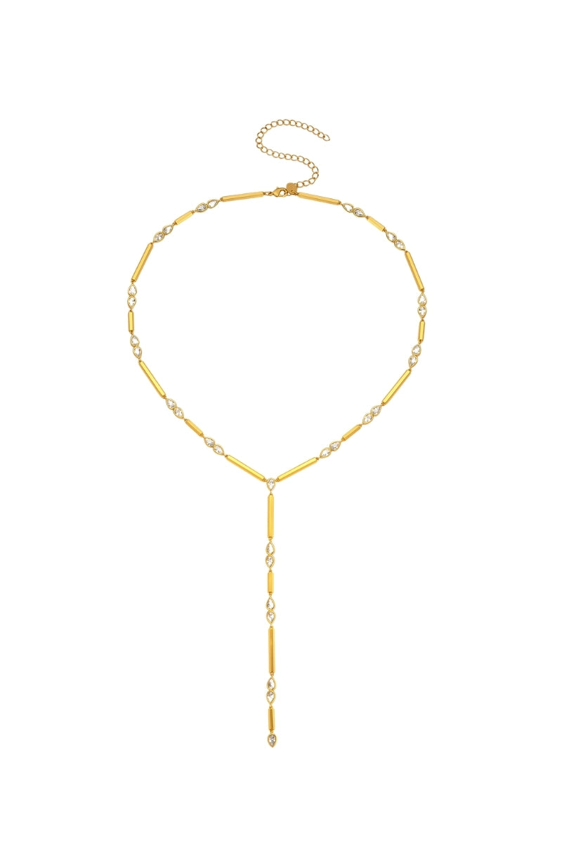 Gold HEX Dangle Drop Necklace by Velvet Desert featuring geometric hexagon design and delicate chain detailing.