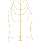 Gold body chain jewelry with hexagonal dangle and drop details, designed to be worn as stylish body jewelry.