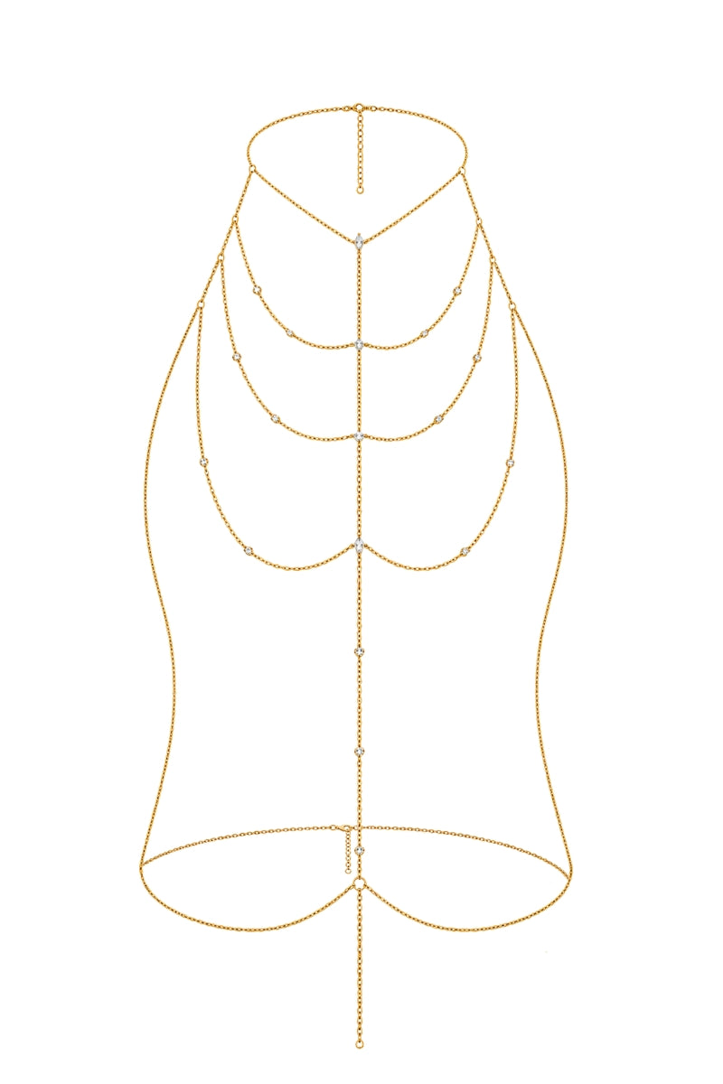 Gold body chain jewelry with hexagonal dangle and drop details, designed to be worn as stylish body jewelry.