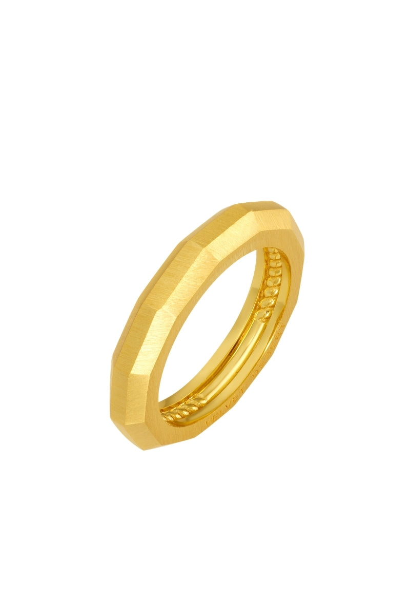 Gold hex matte ring from Velvet Desert, showcasing a modern geometric design on a sleek jewelry ring.
