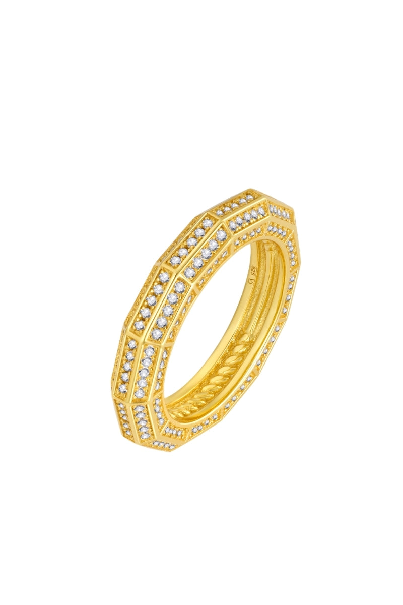 Gold HEX PAVÉ RING by Velvet Desert featuring a geometric hexagon design with sparkling pave accents.