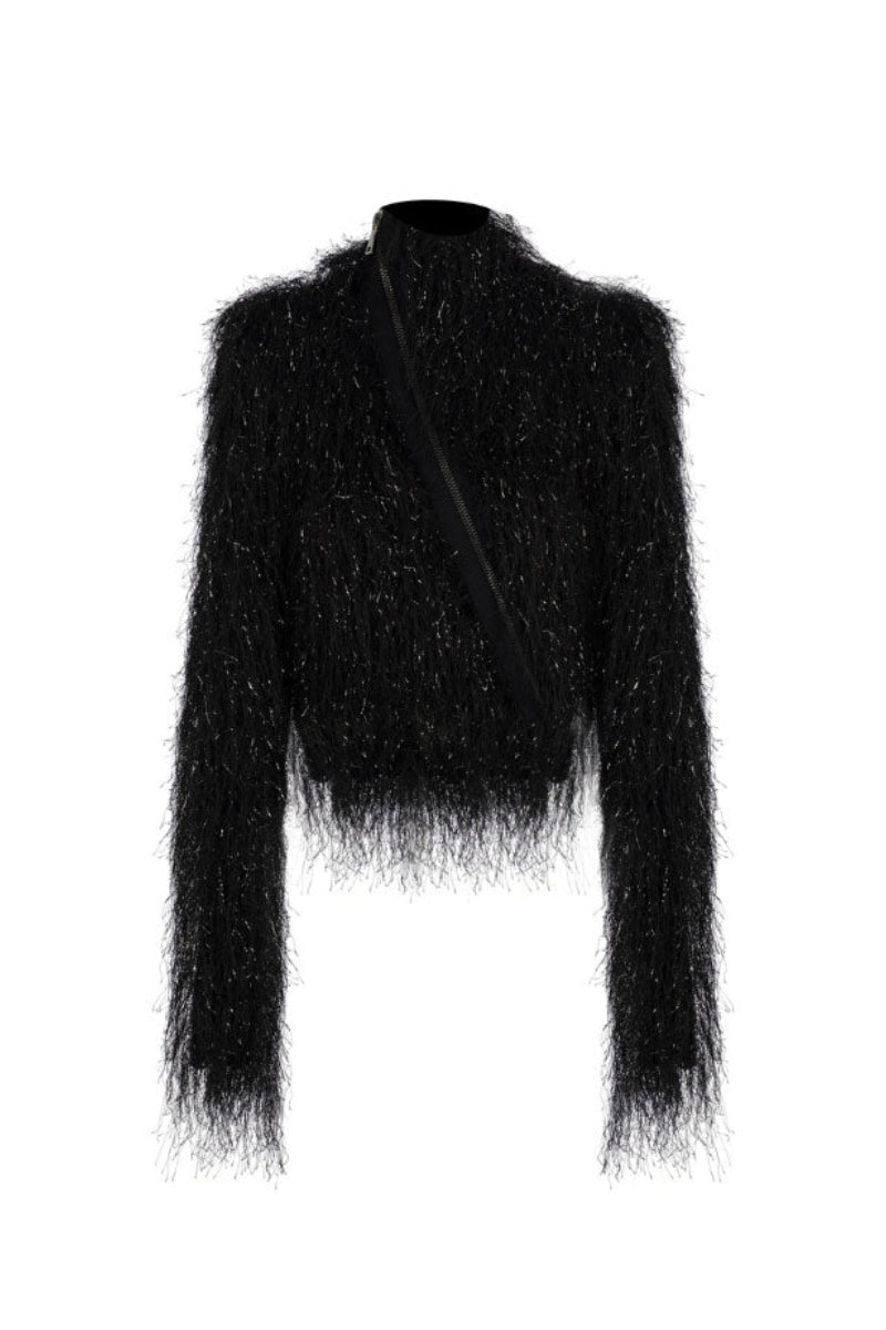 Black high-neck fur top by Tayfun Kaba, featuring a plush fur collar and sleek design, ideal for stylish winter wear.