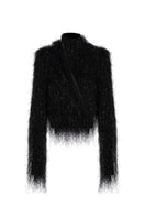 Black high-neck fur top by Tayfun Kaba, featuring a plush fur collar and sleek design, ideal for stylish winter wear.