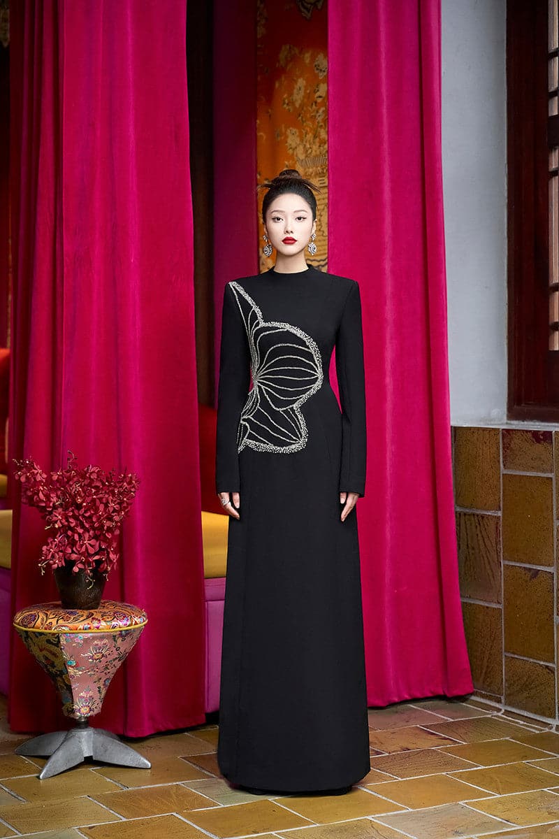 BLACK HIGH NECK ORCHID EMBELLISHED GOWN - CULT MIA