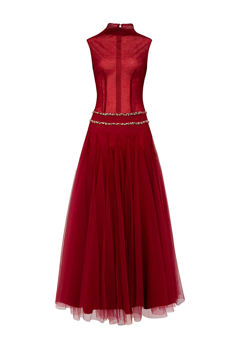 HIGH NECK ORGANZA A LINE MIDI DRESS IN RED - CULT MIA