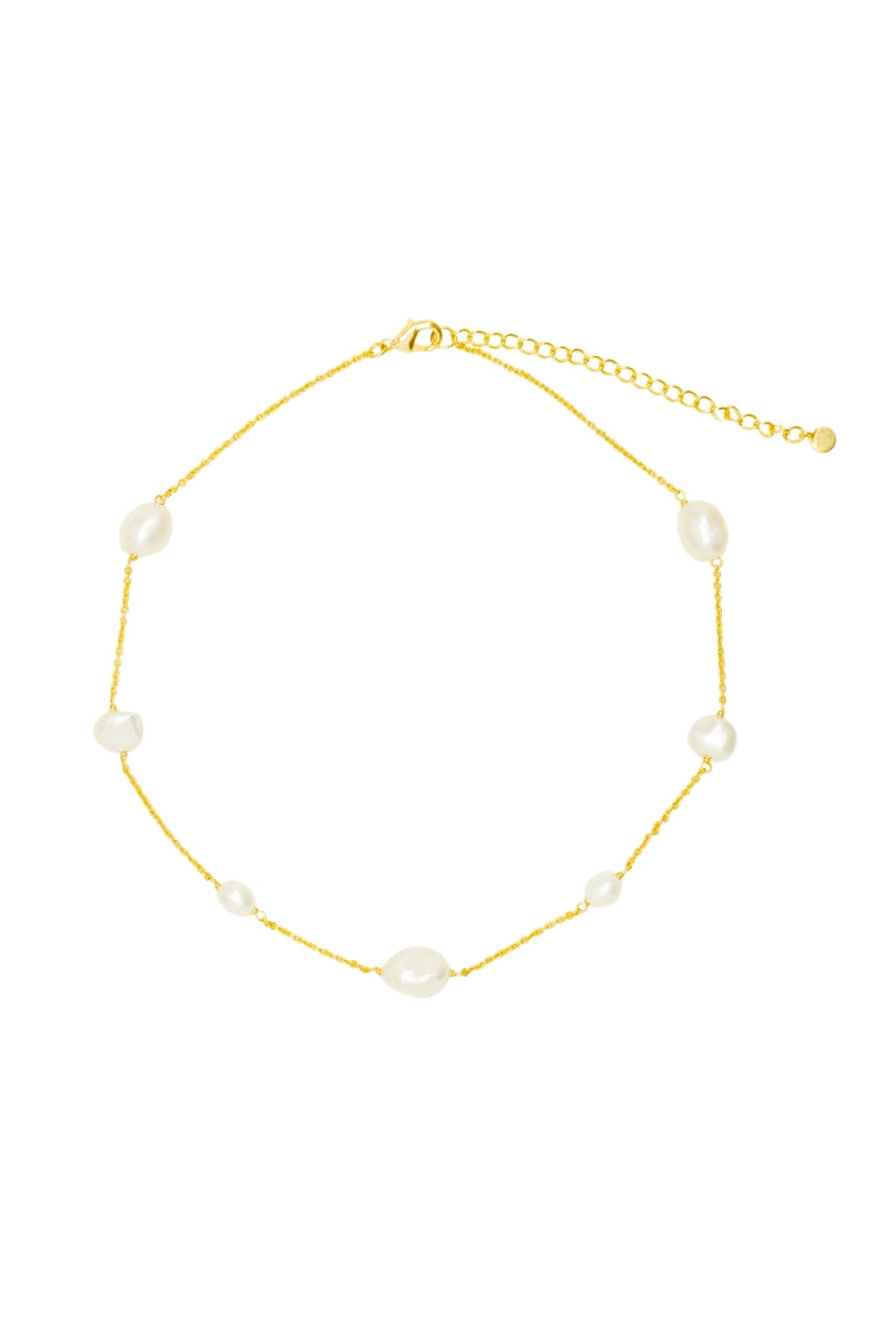LAVANI JEWELS High Priestess Pearl Choker necklace featuring a delicate white pearl design on a sleek chain.