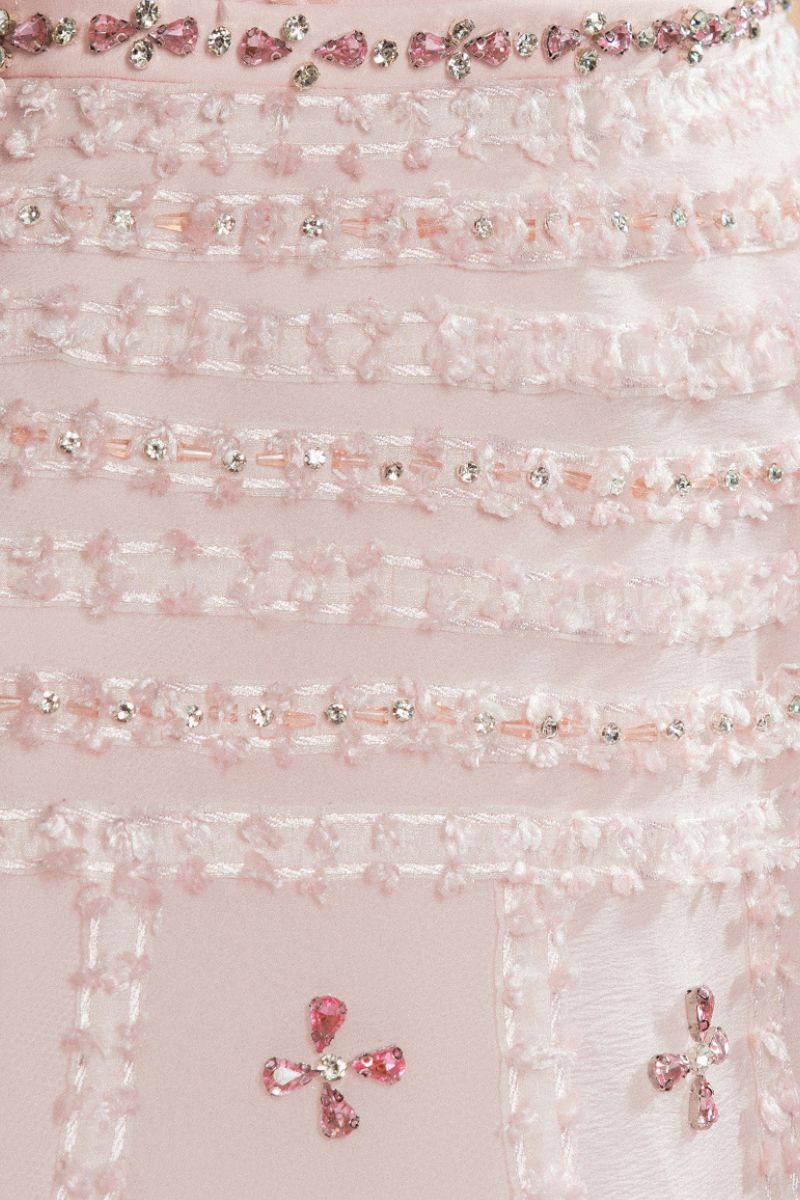 Pink crystal-embellished A-line maxi gown by Happy Clothing, featuring flowing fabric and elegant design for special occasions.