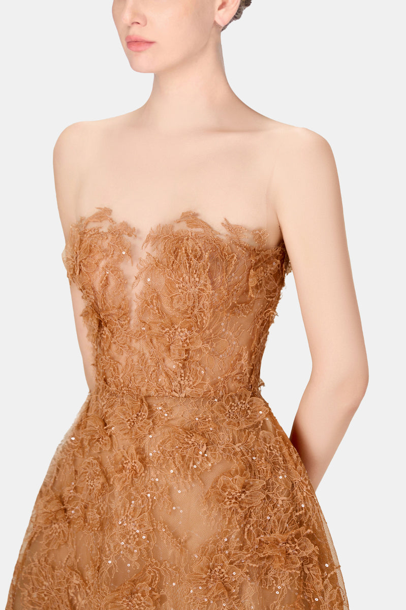 Elegant honey beaded lace gown by Montsand, featuring intricate beading and delicate lace fabric, perfect for formal occasions.