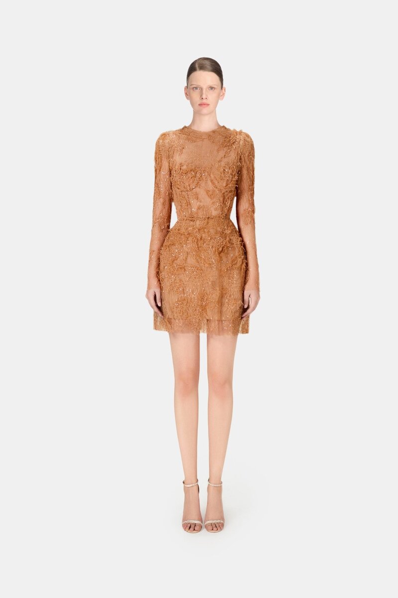brown lace mini dress long sleeve Taupe Velvet Lace Bolero Mini Dress